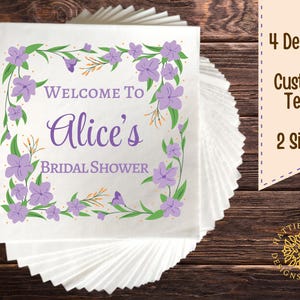 Servilletas para despedida de soltera, servilletas de papel con temática lila, borde floral primaveral, vajilla elegante para fiestas, texto personalizado disponible, 4 estilos