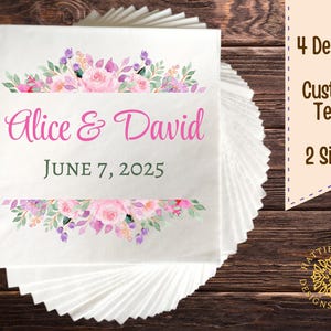 Servilletas elegantes con diseño floral en tonos rosa y morado para bodas, fiestas de compromiso, despedidas de soltera y almuerzos con tamaños personalizables