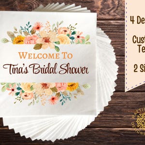 Floral Bridal Shower Napkins, Custom Text Napkins, Wedding Party Decor, Luncheon and Beverage Napkins, Elegant Floral Napkins