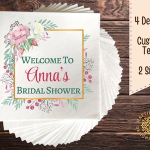 Floral Bridal Shower Napkins Decorative Flower Border Elegant Wedding Napkins Custom Text Bride Party Napkins Luncheon and Beverage