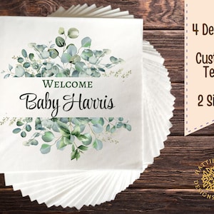 Elegant Greenery Baby Shower Napkins Luncheon and Beverage Sizes Custom Text 4 Styles Personalized Party Decor Elegant Design
