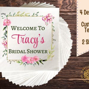 Floral Bridal Shower Napkins Custom Text Available, Party Decor, Wedding Reception, Event Supplies, Designed with Pink Flowers