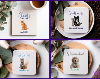 Custom Pet Photo Coasters, Personalized with Your Pet's Picture, 48 Text Colors, Wedding, Shower, Engagement Party, Rehearsal Dinner