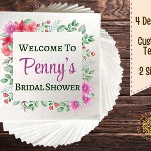 Floral themed napkins for parties, bridal shower napkins lunch beverage sizes, beautiful floral frame design napkins