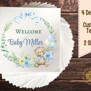 Baby Shower Napkins Cute Teddy Bear Design Lunch and Beverage Sizes 4 Styles Custom Text Personalization