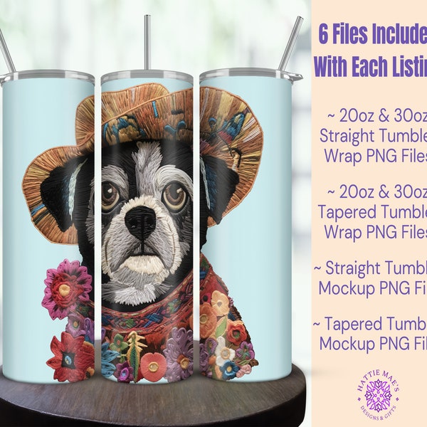 Embroidery Dog Flower Crown Tumbler Wrap, Cute Pug, 20oz & 30oz Sizes, Digital PNG Files, Tapered, Straight Files, Sublimation Files