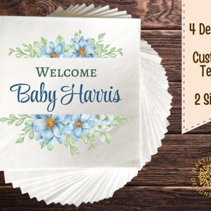 Elegant Baby Shower Napkins Blue Floral Design Personalized 4 Styles Lunch and Beverage Sizes Perfect for Baby Boy Celebration