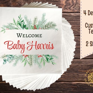 Elegant Baby Shower Napkins, Greenery Design Baby Shower Napkins, Custom Text Napkins for Baby Shower, Personalized Napkins