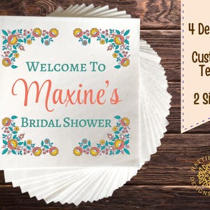 Floral Bridal Shower Napkins, Custom Luncheon and Beverage Sizes, 4 Styles, Personalized Text, Colorful Corner Floral Design