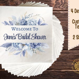 Elegant Floral Napkins for Bridal Shower, Wedding Party Napkins, Custom Text Napkins, Decorative Blue and White Napkins