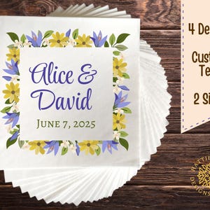 Floral Wedding Napkins, Custom Text Napkins, Engagement Party Napkins, Bridal Shower Napkins, Beverage and Lunch Sizes