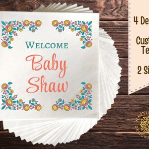 Floral Baby Shower Napkin, Luncheon Beverage Sizes, Customizable Text, Four Styles Available, Colorful Flower Design