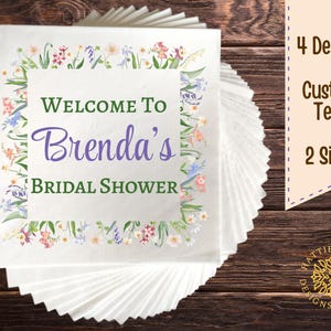 Floral Bridal Shower Napkins Square Pink White Green Purple Flowers Modern Spring Design Custom Text Party Decor
