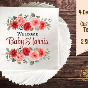 Floral Baby Shower Napkins, Pink and Red Flowers, Luncheon and Beverage Sizes, Custom Text Available, Set of 4 Styles