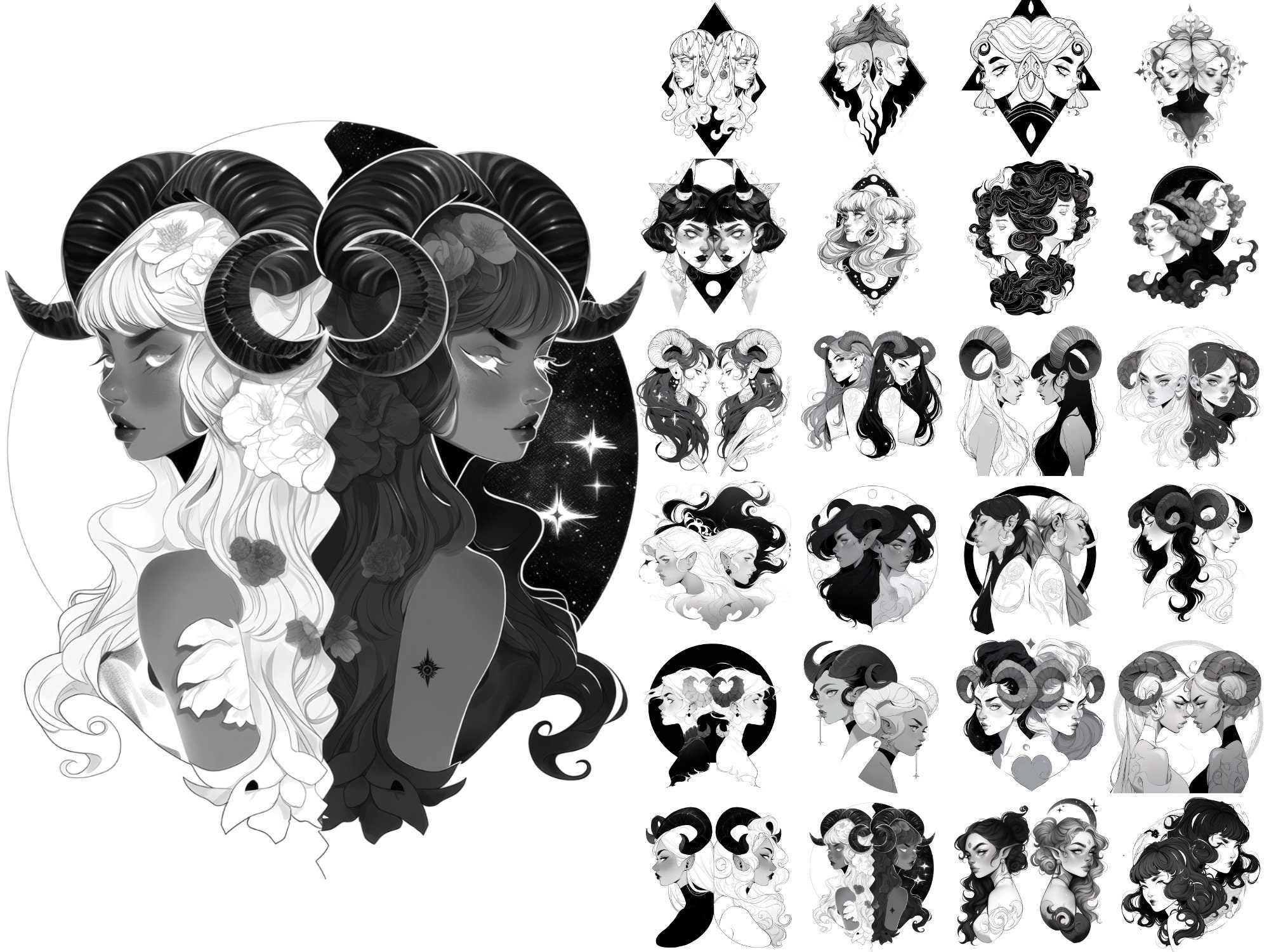 50 Gemini Women Designs INSTANT DOWNLOAD Zodiac Signs Stamps Procreate