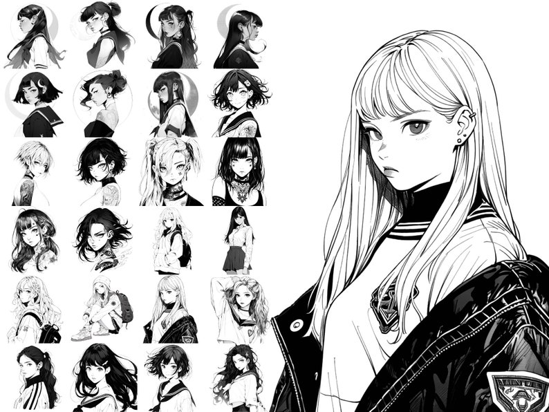 50 Higschool Girl Designs INSTANT DOWNLOAD Aesthetic Manga Stamps