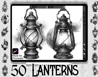 50 Dark Lantern Designs | INSTANT DOWNLOAD | Gothic Stamps | Procreate Brushes | Tattoo Design | Dark Style Designs | Commercial Use Allowed