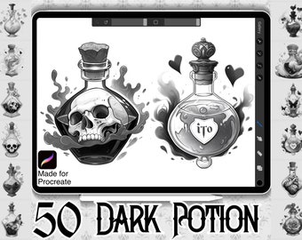 50 Dark Potion Designs | INSTANT DOWNLOAD | Gothic Stamps | Procreate Brushes | Tattoo Design | Dark Style Designs | Commercial Use Allowed