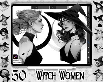 50 modèles de femmes sorcières | TÉLÉCHARGEMENT IMMÉDIAT | Tampons de sorcière mystique | Pinceaux procréer | Conception de tatouage | Dessins de tatouage anime