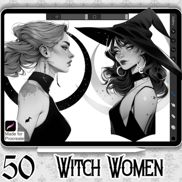 50 Diseños de Mujeres Brujas / DESCARGA INSTANTE / Sellos de Brujas Místicas / Pinceles Procreate / Diseño de Tatuajes / Diseños de Tatuajes Anime