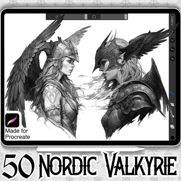 50 Nordic Valkyrie Designs | INSTANT DOWNLOAD | Nordic Mythology Stamps | Tattoo Brush | Viking Procreate Brushes | Commercial Use Allowed |