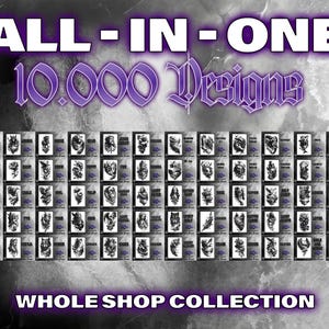 Może przedstawiać: Czarno-białe zdjęcie przedstawiające 10 000 wzorów tatuaży ułożonych w siatkę. Tekst "ALL-IN-ONE 10,000 Designs" znajduje się w górnej części zdjęcia. Tekst "WHOLE SHOP COLLECTION" znajduje się w dolnej części zdjęcia.
