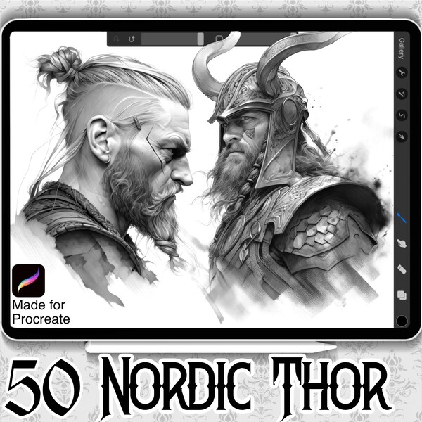 50 Nordic Thor Designs | INSTANT DOWNLOAD | Nordic Mythology Stamps | Tattoo Brush | Nordic Procreate Brushes | Commercial Use Allowed |