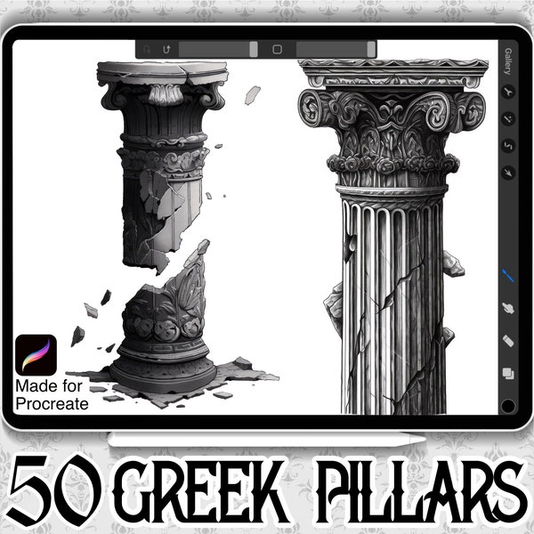 50 Greek Pillars Designs | INSTANT DOWNLOAD | Greek Mythology Stamps | Procreate Brush | Tattoo Design | Greek Gods | Commercial Use Allowed