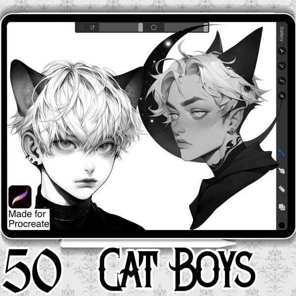 50 Cat Boy Designs | INSTANT DOWNLOAD | Anime Neko boy Stamps | Procreate Brushes | Anime Tattoo Design | Dark Style Tattoo | Dark Manga Art