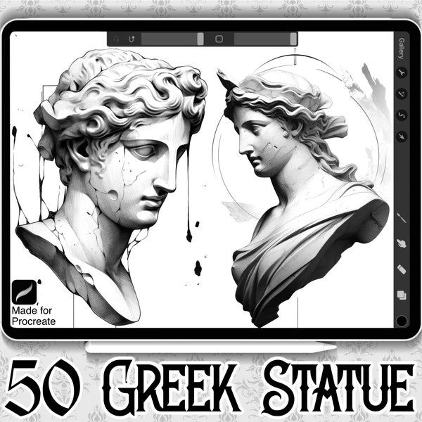 50 Greek Statue Designs (PACK02) | INSTANT DOWNLOAD | Greek Mythology Stamps | Procreate Brushes | Tattoo Brush | Commercial Use Allowed