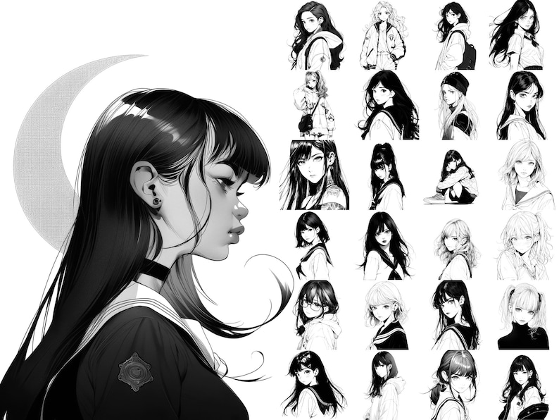 50 Higschool Girl Designs INSTANT DOWNLOAD Aesthetic Manga Stamps