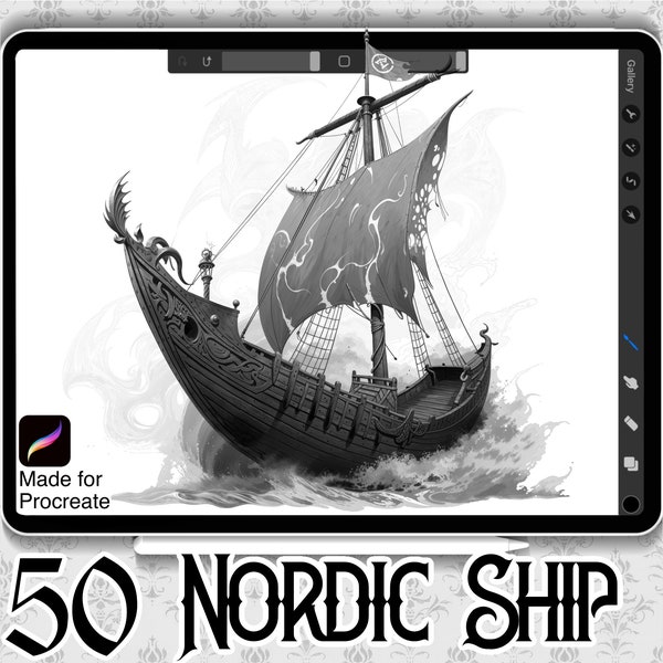 50 Nordic/Viking Ship Designs | INSTANT DOWNLOAD | Nordic Mythology Stamps | Tattoo Brush | Procreate Brushes | Commercial Use Allowed |