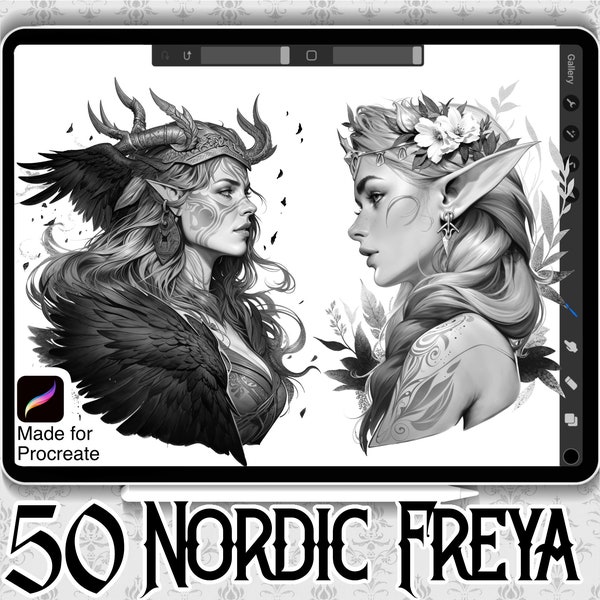 50 Nordic Freya Designs | INSTANT DOWNLOAD | Nordic Mythology Stamps | Tattoo Brush | Norse God Procreate Brushes | Commercial Use Allowed |