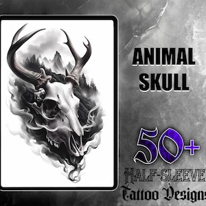 Animal Skull Tattoo Set | 50 High-Quality Digital Images | Unique Half-Sleeve Tattoo Designs | Digital Download