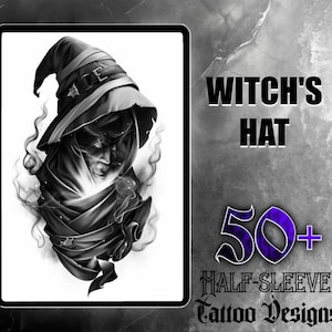 Witch&#39;s Hat JPG Design Set | 50 High-Quality Digital Images | Unique Witch Tattoo Designs | Digital Download