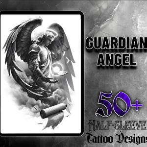 Può includere: Illustrazione in bianco e nero di un angelo custode con le ali spiegate, che tiene un rotolo. Il testo "GUARDIAN ANGEL 50+ HALF-SLEEVE TATTOO DESIGNS" è in viola su sfondo grigio.
