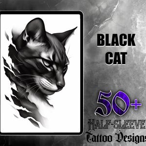 May include: Black and white illustration of a cat's head with a torn background. The text "BLACK CAT 50+ HALF-SLEEVE TATTOO DESIGNS" is in purple text.
