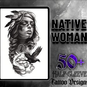 Native Woman JPG-ontwerpset | 50 digitale afbeeldingen van hoge kwaliteit | Prachtige tattoo-ontwerpen voor inheemse vrouwen | Digitale download