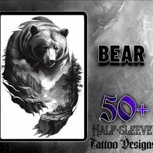 Desenhos de tatuagem de urso | 50 imagens JPG de alta qualidade | Arte de tatuagem de urso de meia manga | Download digital