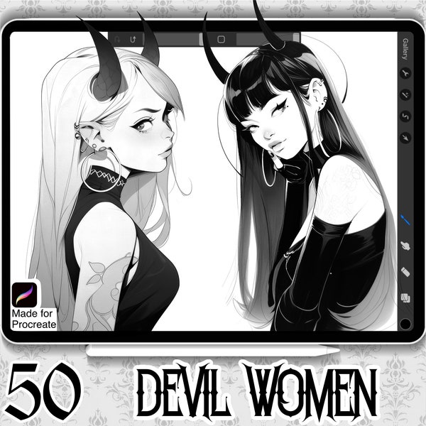 50 Devil Women Designs | INSTANT DOWNLOAD | Manga Stamps | Procreate Brushes | Tattoo Design | Anime Tattoo Designs | Devil With Horns