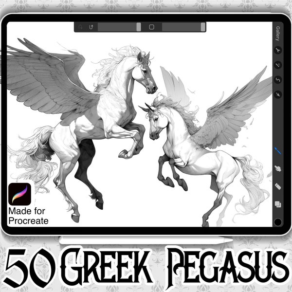 50 Greek Pegasus Designs | INSTANT DOWNLOAD | Greek Mythology Stamps | Procreate Brush | Tattoo Design | Horse Tattoo Design | Greek Pegasus