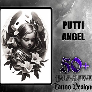 Puede incluir: Diseño de tatuaje en blanco y negro de un ángel querubín con alas, rodeado de flores. El texto "PUTTI ANGEL 50+ HALF-SLEEVE TATTOO DESIGNS" está en el fondo.