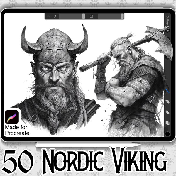 50 Nordic Viking Designs | INSTANT DOWNLOAD | Nordic Mythology Stamps | Tattoo Brush | Nordic Procreate Brushes | Commercial Use Allowed |