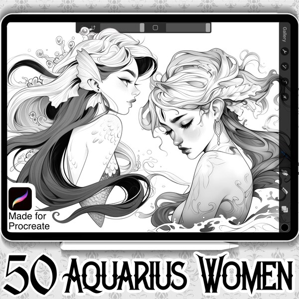 50 Aquarius Women Designs | INSTANT DOWNLOAD | Zodiac Sign Stamps | Tattoo Brush | Procreate Brushes | Astrological | Commercial Use Allowed