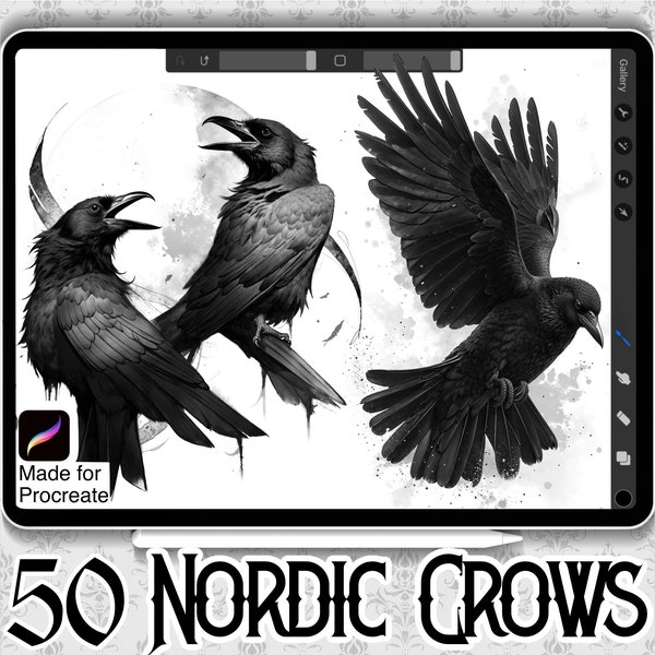 50 Nordic Crows Designs | INSTANT DOWNLOAD | Nordic Mythology Stamps | Tattoo Brush | Nordic Procreate Brushes | Commercial Use Allowed |