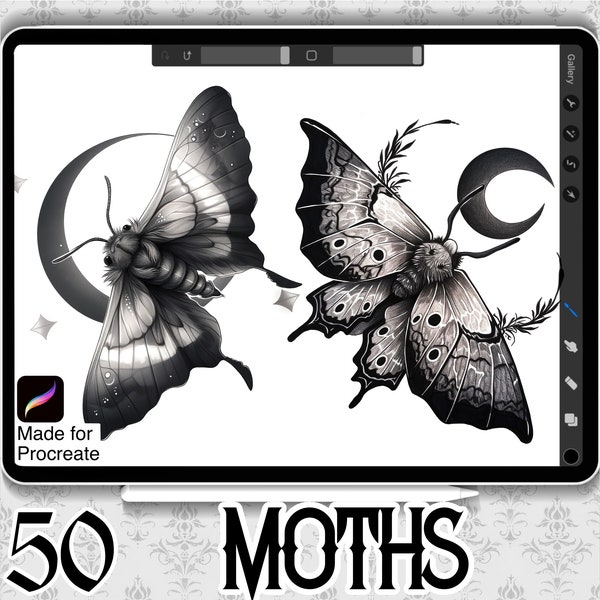 50 Dark Moth Designs | INSTANT DOWNLOAD | Animal Stamps | Procreate Brushes  | Tattoo Design | Animal Designs | Commercial Use Allowed