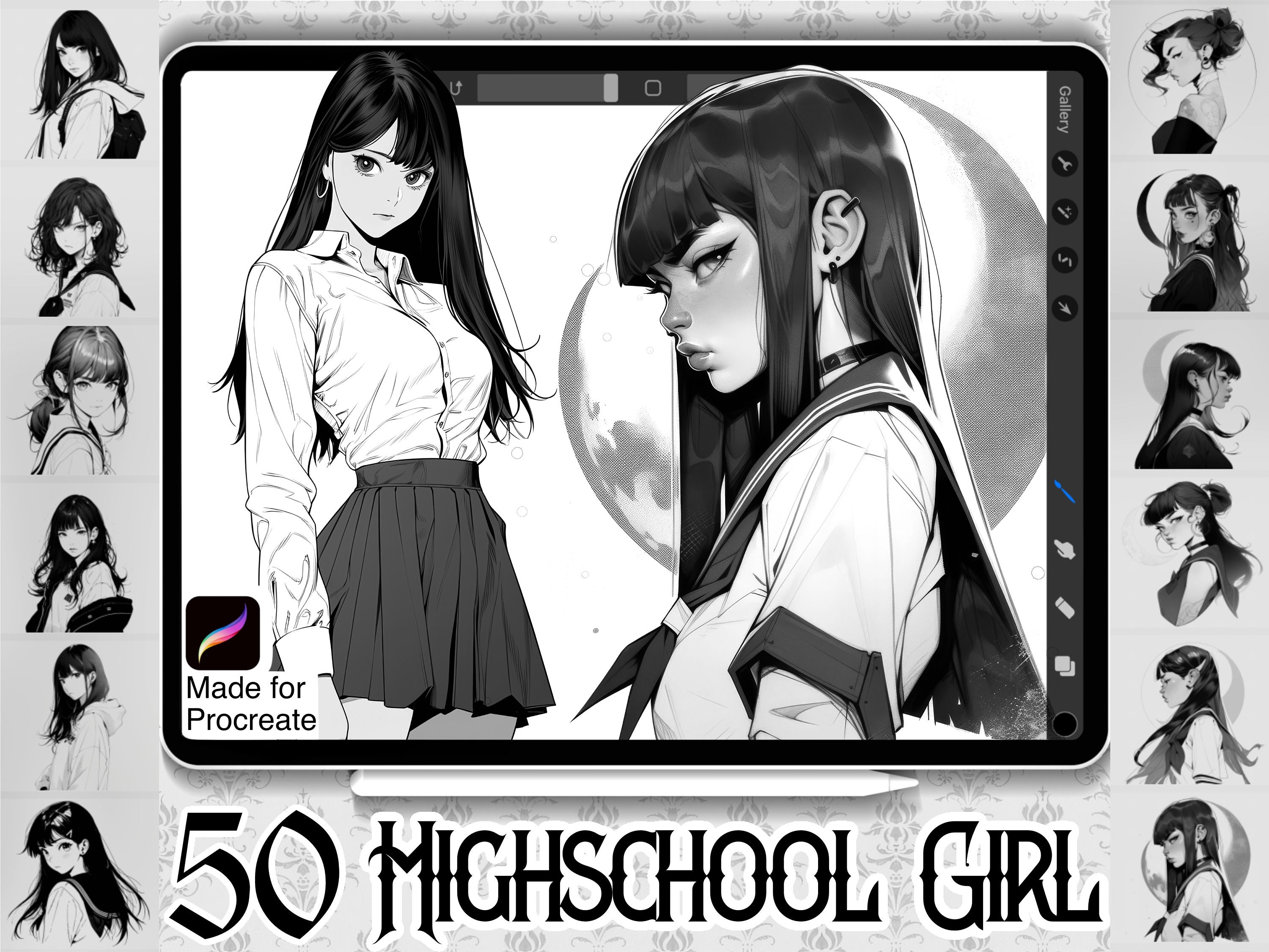 50 Higschool Girl Designs INSTANT DOWNLOAD Aesthetic Manga Stamps
