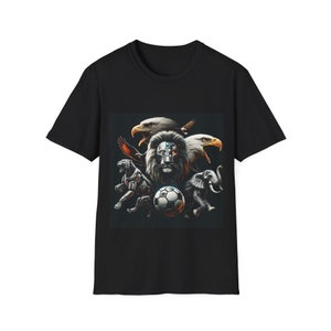 May include: Black t-shirt with a graphic print of a lion, two eagles, and two robotic animals, one resembling a panther and the other an elephant, all surrounding a soccer ball.