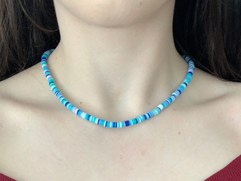 Waterproof Blue Bohemian Clay Bead Necklace, Women's Boho Necklace, Clay Unisex Choker Necklace