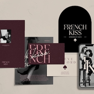 May include: A collection of branding materials, including a business card, brochure, and phone displaying a woman. The color palette features burgundy, black, and pink. The brand name "FRENCH KISS" is prominently displayed.